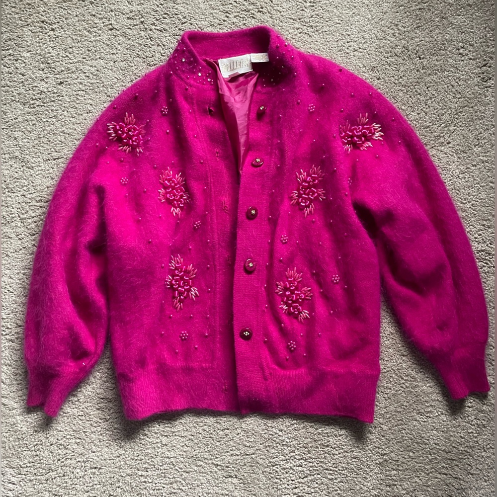 Vintage pink fuzzy button up sweater, size large